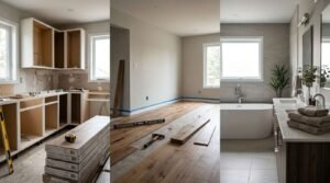 Three-panel collage showing house renovation stages: unfinished kitchen cabinet installation, hardwood floor plank laying, and a fully finished modern bathroom.
