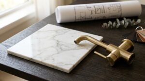 Brushed brass faucet next to a white marble tile sample, with rolled blueprints and leather swatches on a dark wood table.