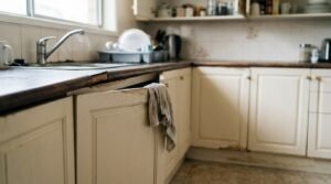 Deteriorated, dated kitchen showing water damage, peeling laminate countertops with exposed particle board, and a sagging off-white cabinet door with a hanging cloth.