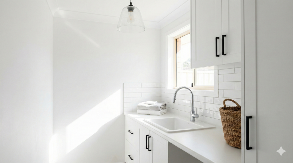  A medium interior shot of a refreshed Sydney residential laundry after a cosmetic update, showing existing cabinetry with new tapware, a modern splashback, fresh paint, and bright lighting.

