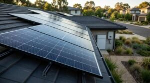 Monocrystalline solar panel array mounted on a dark tiled roof of a suburban house, with an exterior home battery storage unit and inverter visible on the wall below.