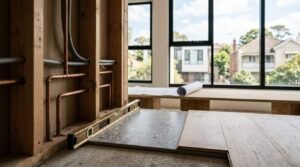 Rough-in renovation scene showing copper pipes and electrical conduit inside exposed wall studs, a spirit level on a terrazzo tile, and light hardwood flooring transitions next to large windows.