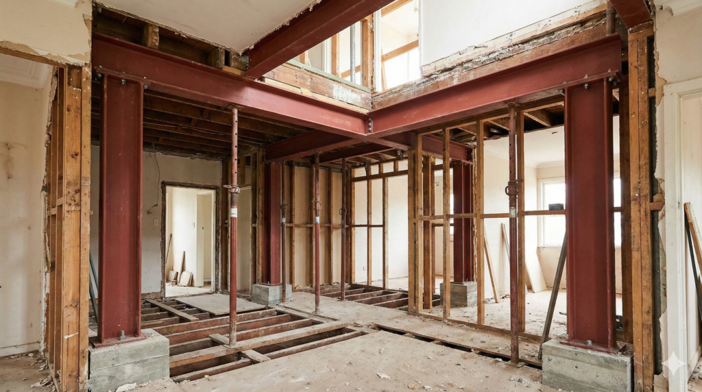  Close-up technical photo of large steel support beams and structural timber framing installed within the interior of a Sydney home during the structural reinforcement phase for a second storey addition.