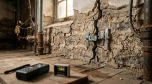 Structural crack monitoring gauge mounted across a severe crack in an old stone foundation wall, with a digital level and laser distance measurer resting on a wooden board in the foreground.