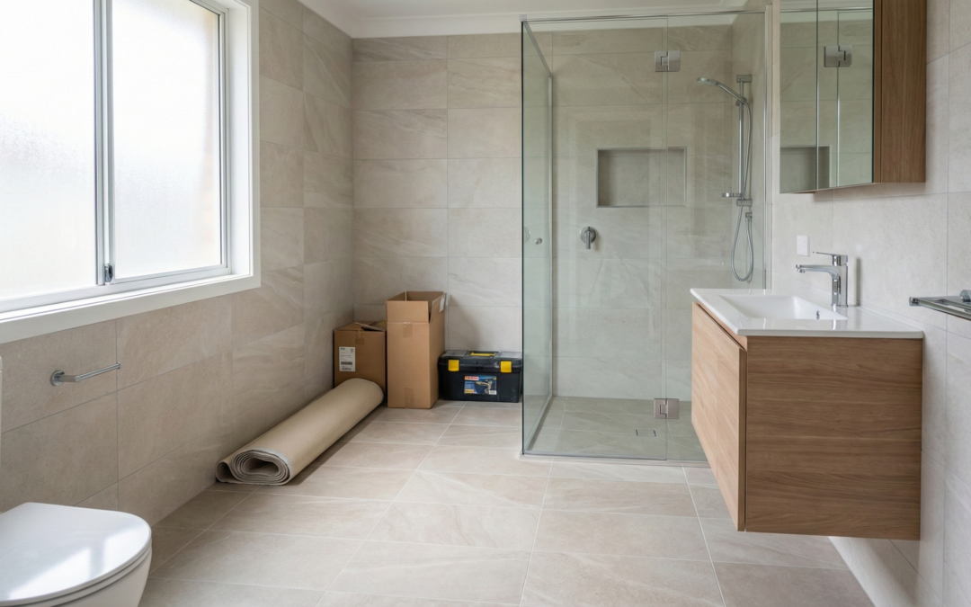 Modern mid-range bathroom renovation in Sydney featuring porcelain tiles, frameless shower, wall-hung vanity, and contemporary fixtures