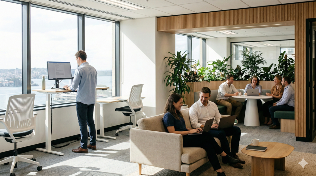 Top-down editorial flat lay photograph of architectural floor plans, cost estimate spreadsheets, a calculator, and a laptop arranged for professional budget planning of an office renovation.