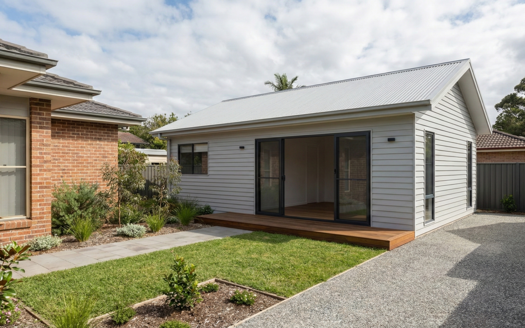 Modern detached granny flat in a Sydney backyard showing a compliant 60sqm secondary dwelling design