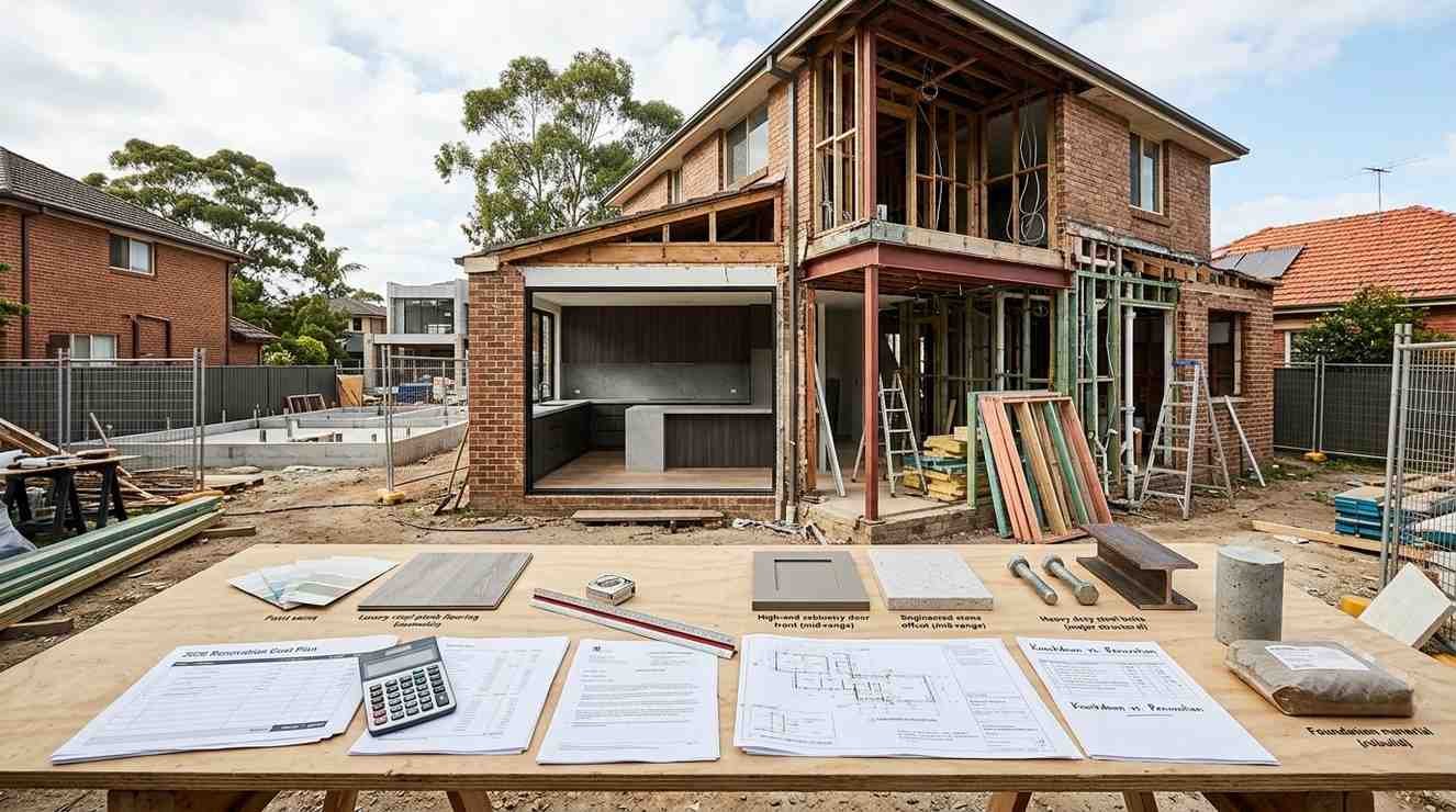 Sydney renovation cost-planning scene showing cosmetic, mid-range, structural renovation, and knockdown-rebuild stages with budgets, construction materials, labour planning, and approval documents.