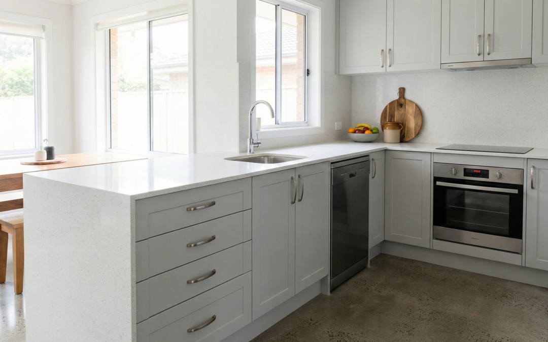 Modern mid-range kitchen renovation in Sydney featuring stone benchtops, contemporary cabinetry, and practical layout