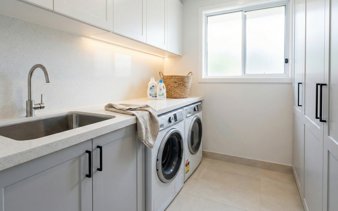 Modern mid-range laundry renovation in Sydney with custom cabinetry, integrated appliances, and practical benchtop layout