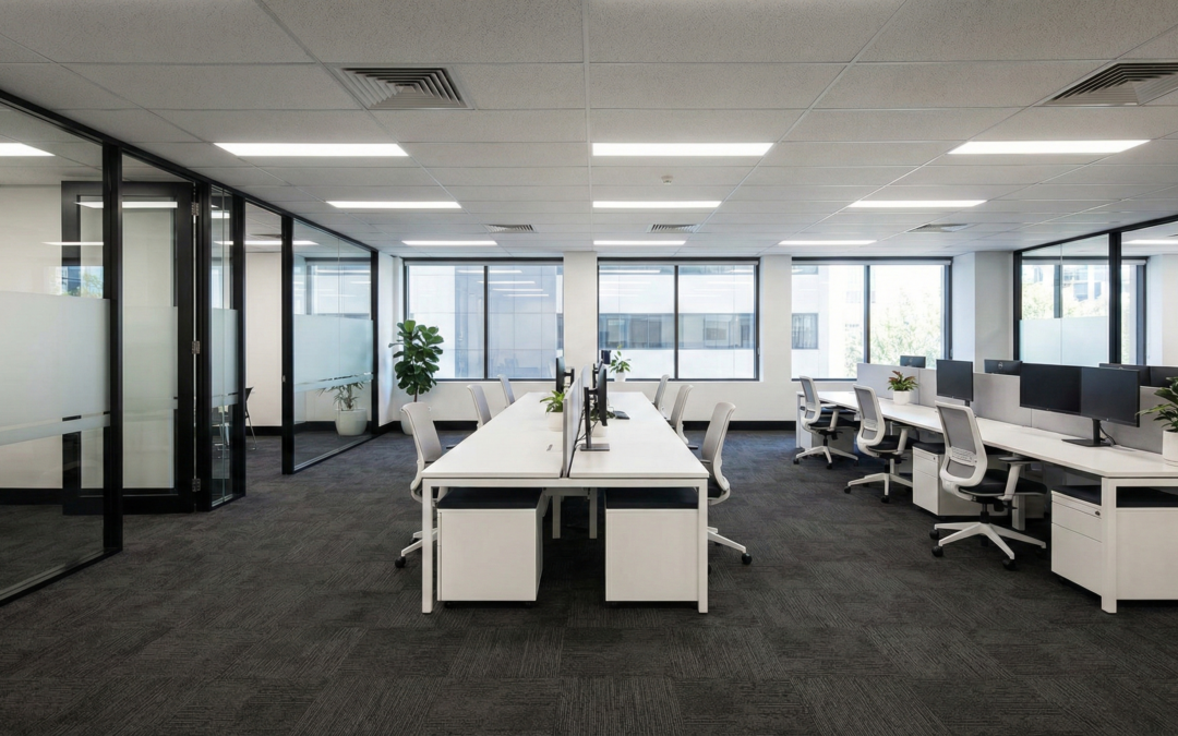 Modern office renovation in Sydney featuring open-plan workspace, glass meeting rooms, and contemporary commercial finishes