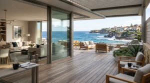 Modern open-plan living room with sliding glass doors opening onto an expansive hardwood deck and patio overlooking ocean waves and coastal cliffs.