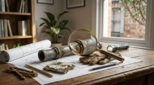 Magnifying glass examining a corroded, cracked plumbing pipe laid over architectural blueprints on a wooden desk with leather gloves, a flashlight, and drafting tools.