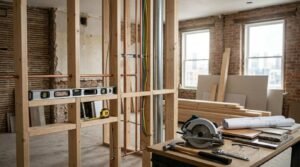 Open stud wall framing showing copper plumbing pipes, electrical conduit, and a spirit level during a gut renovation, with a circular saw, tools, and blueprints on a foreground workbench.