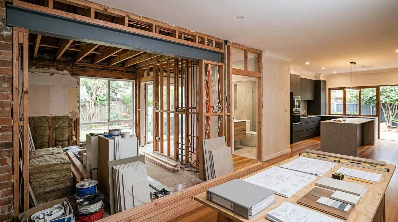 Sydney whole-home gut renovation showing exposed structural work, plumbing and electrical rough-ins, new finishes, architectural plans, and organised handover documentation.