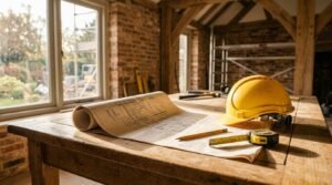 Yellow hard hat, rolled architectural blueprints, pencil, and tape measure on a wooden table inside an active home construction site with exposed brick walls and timber beams.