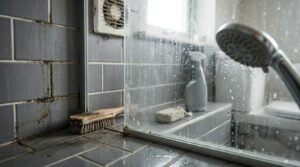 Close-up of a dirty shower enclosure showing black mold and mildew on grey subway tile grout, a wooden scrub brush, pumice stone, spray bottle, and a chrome handheld shower head with water droplets on the glass panel.
