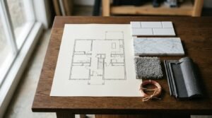 Architectural floor plan blueprint on a wooden table surrounded by material swatches including white subway tiles, a marble slab, grey carpet, copper wire, and a dark roof tile.