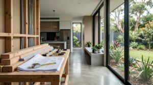 Architectural floor plans with a tape measure, spirit level, hand tools, conduit pipes, and lumber studs on a wooden workbench beside large glass sliding doors overlooking a garden.