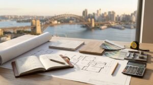 Architectural floor plans, open planner notebook, calculator, paint swatch fan decks, marble slab, and wood samples on a desk overlooking the Sydney Harbour Bridge.