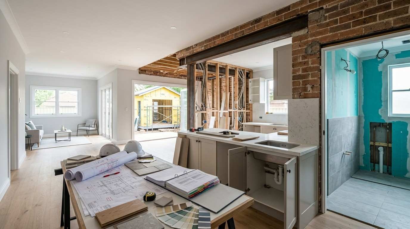 Sydney renovation project showing cosmetic, kitchen, bathroom, structural, full-house, and granny-flat work at different stages of construction and complexity.