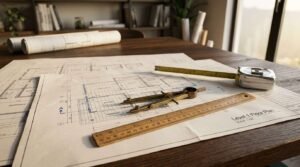 Architectural Level 1 floor plan drawing laid out on a dark wooden desk with a brass drafting compass, wooden ruler, extended tape measure, and rolled blueprints.