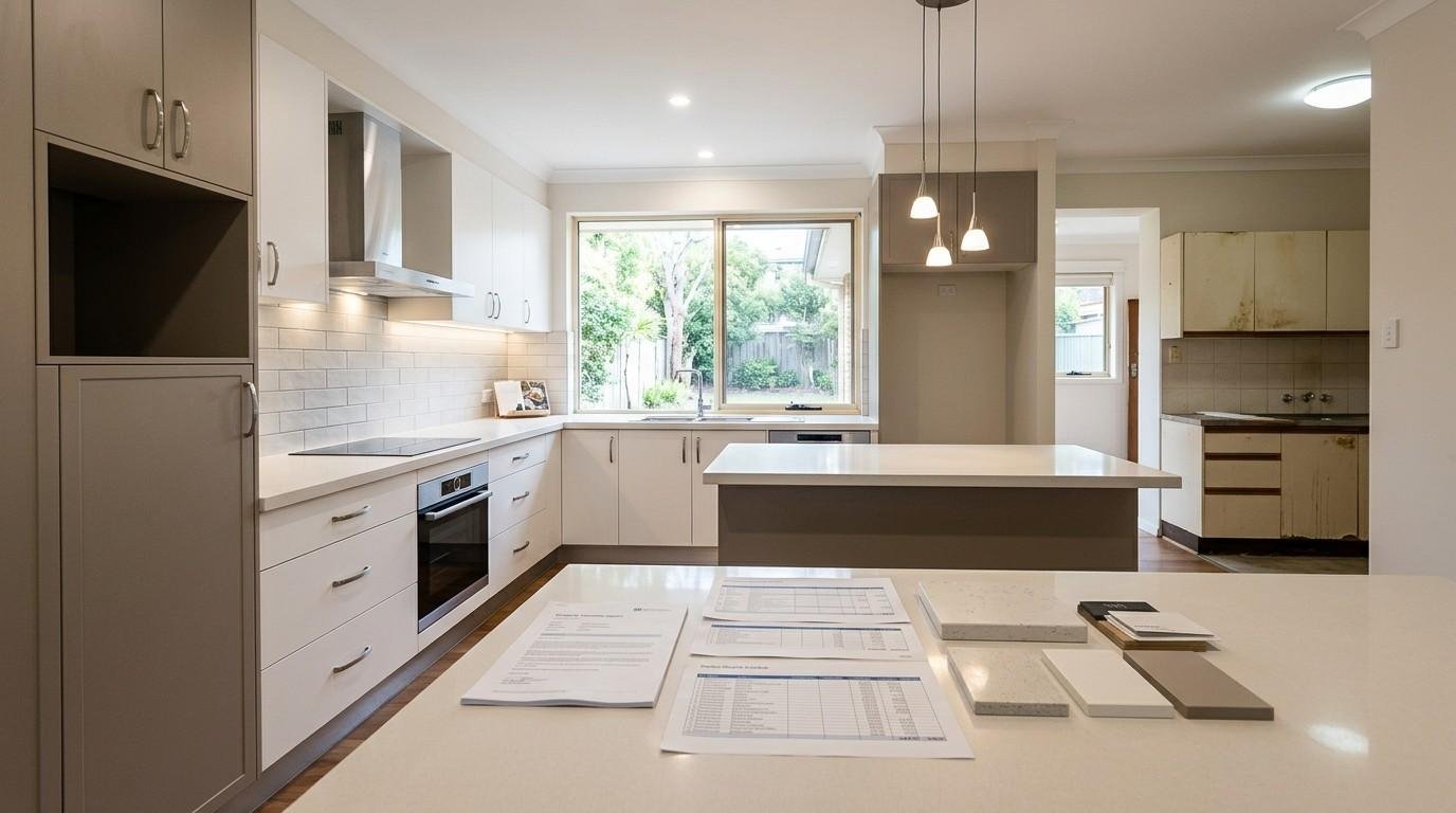 Contemporary mid-range Australian kitchen renovation with durable finishes and timeless design, contrasting an outdated kitchen to illustrate long-term resale value and renovation ROI.