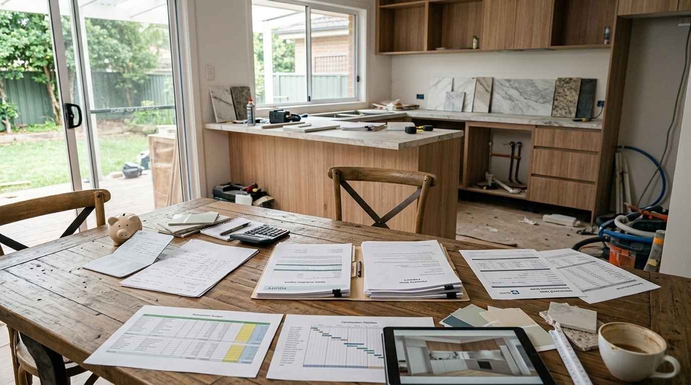 Sydney renovation planning scene showing savings, home-equity borrowing and an unsecured loan as three financing pathways for a home renovation.