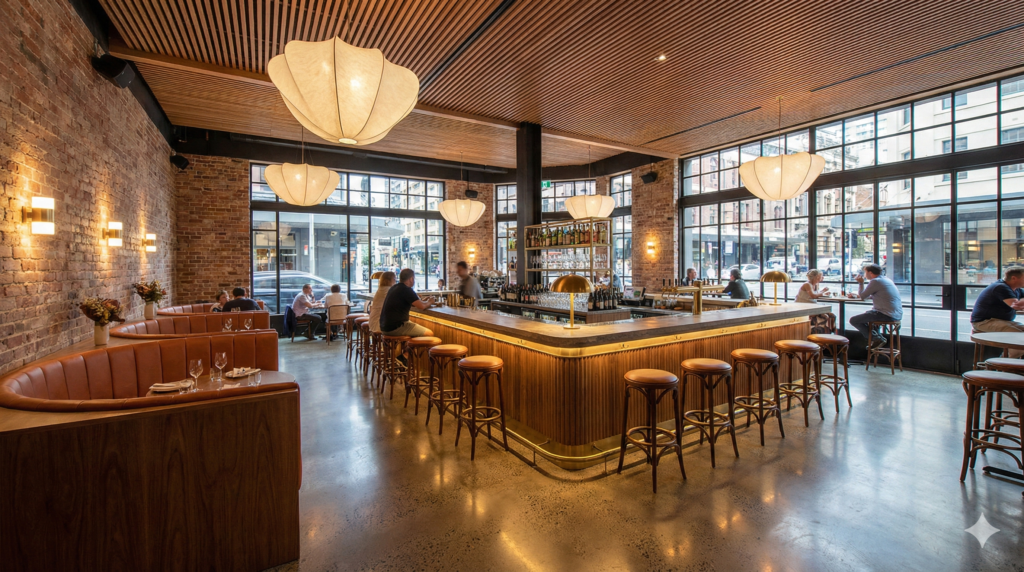A wide, stylish interior shot of a renovated Sydney restaurant dining area featuring a modern bar, new booth seating, and warm ambient lighting, showcasing a completed front-of-house upgrade.