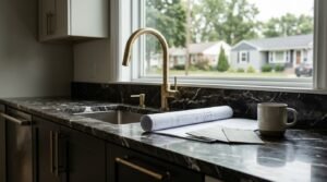 Rolled architectural blueprints, paint swatches, and a coffee mug on a dark marble kitchen countertop with a brushed brass gooseneck faucet under a window overlooking a suburban street