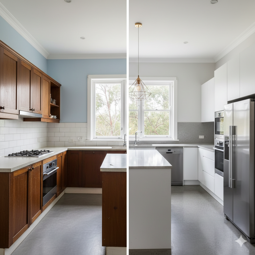  A wide editorial shot of a single Sydney home kitchen, clearly showing the visual contrast between a fully renovated section with new cabinetry and a partially updated area with older finishes in neutral natural light.