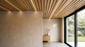 Modern architectural interior featuring acoustic timber slat ceiling with integrated LED strip lighting, microcement textured walls, polished concrete flooring, and a large sliding glass door opening to a garden.