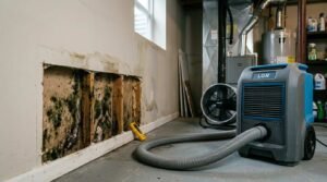 Water damage and mold growth exposed inside a cut-open basement drywall section, with a professional LGR dehumidifier and air mover fan running nearby.
