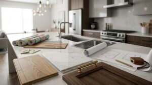 Kitchen island countertop displaying architectural blueprints, pencil, leather tape measure, marble tile sample, wood cabinet door sample with brass pull, engineered flooring planks, wallpaper rolls, and light switch covers in a modern kitchen.