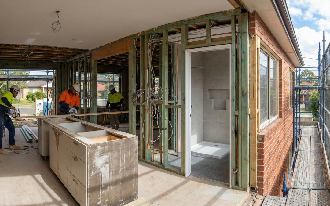 Full house renovation in Sydney showing structural work, electrical and plumbing upgrades, kitchen and bathroom renovations, and multiple trades on site.