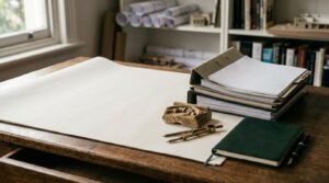 Archival restoration desk with blank drafting paper, stacked lever arch document binders, a carved stone relic paperweight, brass drafting compass, notebook, and pen.
