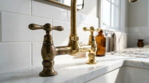Vintage-style bridge faucet showing a side-by-side comparison of aged, tarnished brass versus polished, gleaming gold brass mounted on a white marble countertop with white subway tiles.