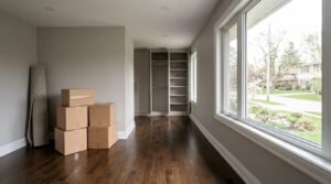 Empty renovated room with dark hardwood floors, grey walls, built-in open closet cabinetry, a rolled-up rug, and stacked cardboard moving boxes next to a large window.