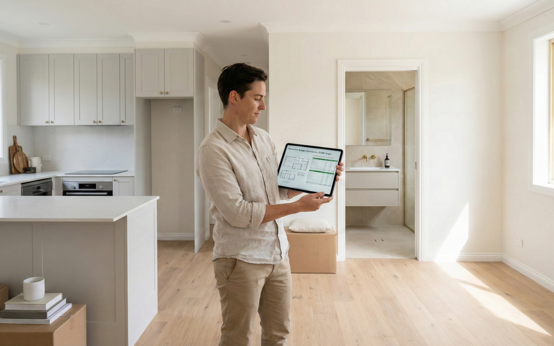 Sydney homeowner reviewing renovation plans inside a modernised home with a new kitchen, renovated bathroom, and updated living areas, showing what a $100,000 renovation budget can achieve.