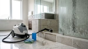 Steam cleaner machine with hose attachment and round scrubbing brush resting against stained shower tile grout on a marble bathroom floor, alongside a cleaner bottle, microfiber cloths, and a soap-scum-covered glass shower screen.