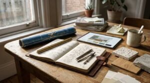 Open floor plan sketch notebook with a drafting compass, digital tablet showing interior renders, blue blueprint roll, and material swatches on a wooden desk by a window.