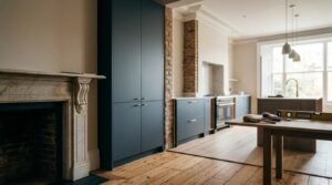 Heritage home renovation blending original character with modern design, featuring a carved marble fireplace, restored pine floorboards, exposed brick pillar, and matte dark teal kitchen cabinets.