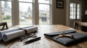 Rolled architectural blueprints bound with a leather strap, eyeglasses, fountain pen, document sleeve, and house keys on a wooden table in front of a window displaying a for-sale sign.