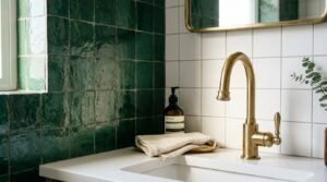 Modern bathroom vanity featuring a gooseneck brushed brass faucet, white under-mount sink, white square tiles, and emerald green Zellige wall tiles.