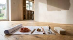 Renovation supplies including a coil of copper wire, copper plumbing fittings, a trowel, subway tiles, and architectural floor plans laid out on a light wood floor inside an unfinished home.