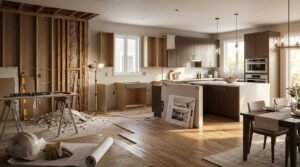 Split-view kitchen and dining room renovation showing a side-by-side progression from raw exposed wall studs and demolition debris to completed modern cabinetry and a finished waterfall marble island.