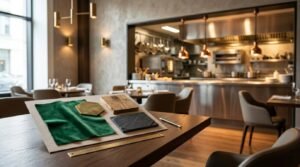 Restaurant renovation mood board with material samples overlooking a modern commercial dining space and open kitchen