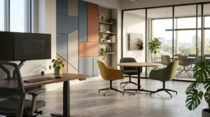 Modern office renovation with collaborative workspace, acoustic wall panels, meeting room, and ergonomic furniture