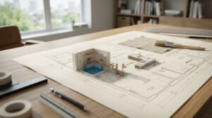 A 3D miniature scale model of a bathroom and kitchen rough-in plumbing layout rising directly from a 2D floor plan blueprint, accompanied by a drafting ruler, mechanical pencil, tape, and a fabric sample with a paintbrush on a wooden desk