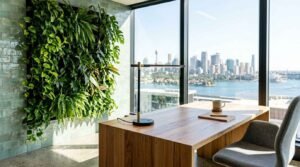 Modern office with a living green wall, wooden desk, and panoramic Sydney skyline views